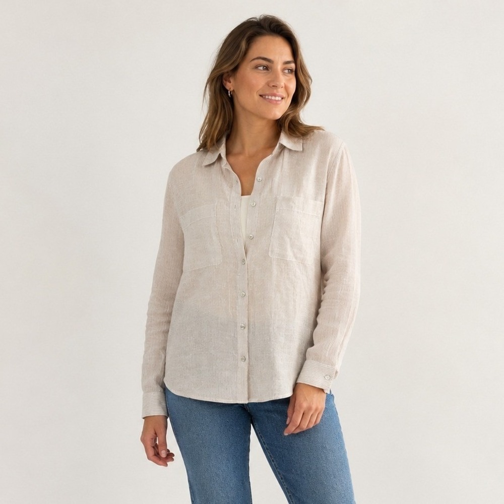100% Linen Pinstripe Button Down Shirt Women L Beige Coastal Minimalist Tahari